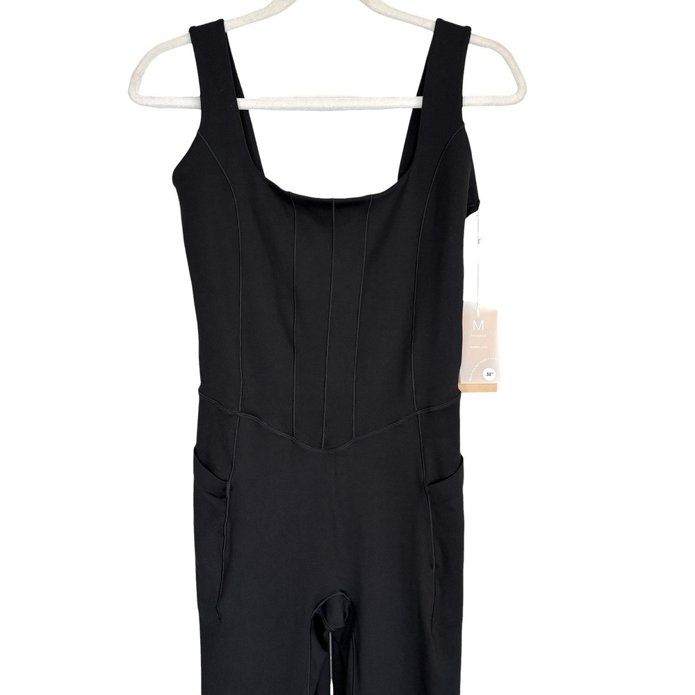 POPFLEX High Society Corset Jumpsuit Med 32" Tall Athleisure Flare Leg Black NEW - Picture 4 of 9